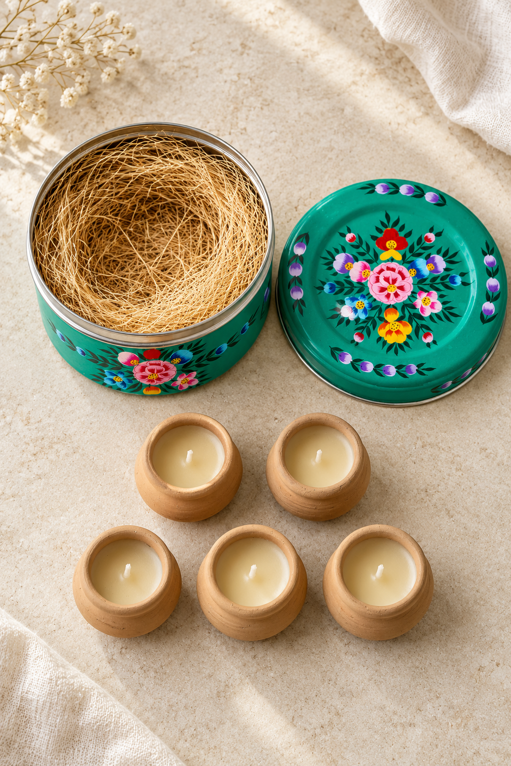 Gift set containing five hand-poured beeswax-blend candles in handmade terracotta pots and one reusable green stainless steel tin. The tin is hand-painted in Kashmir with multicoloured floral decoration. Candles are handmade in India and scented with lavender and a subtle hint of vanilla.
