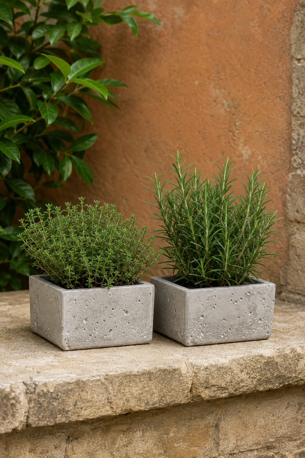 Two square concrete planters holding green herbs, placed on a stone ledge against a terracotta wall and green foliage background.