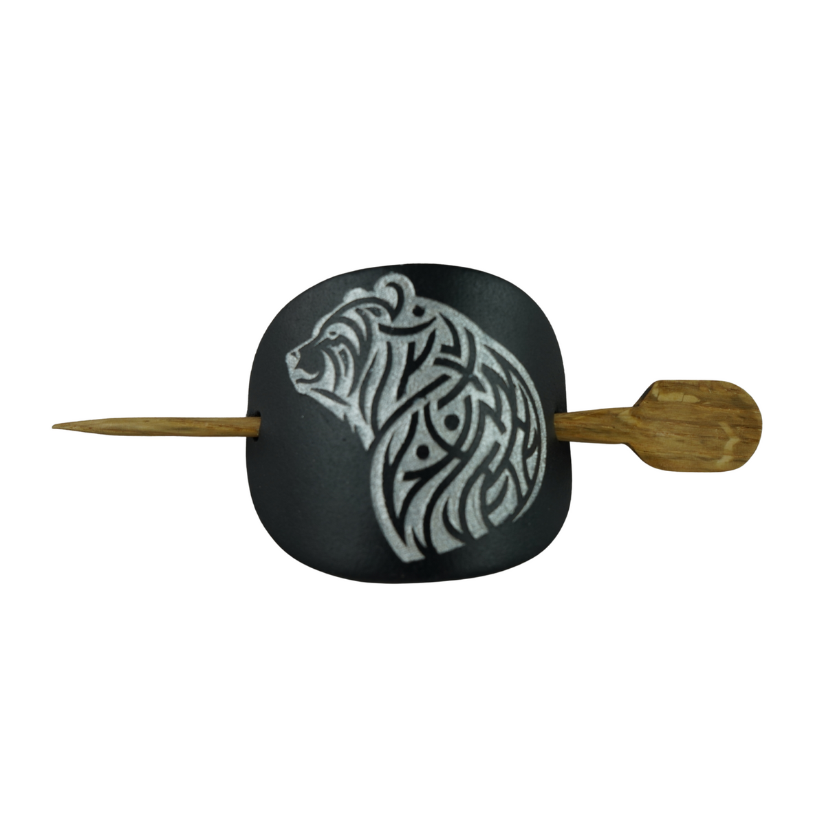 Handcrafted Leather Hair Barrette – Silver Bear on Black Leather with Oak Stick