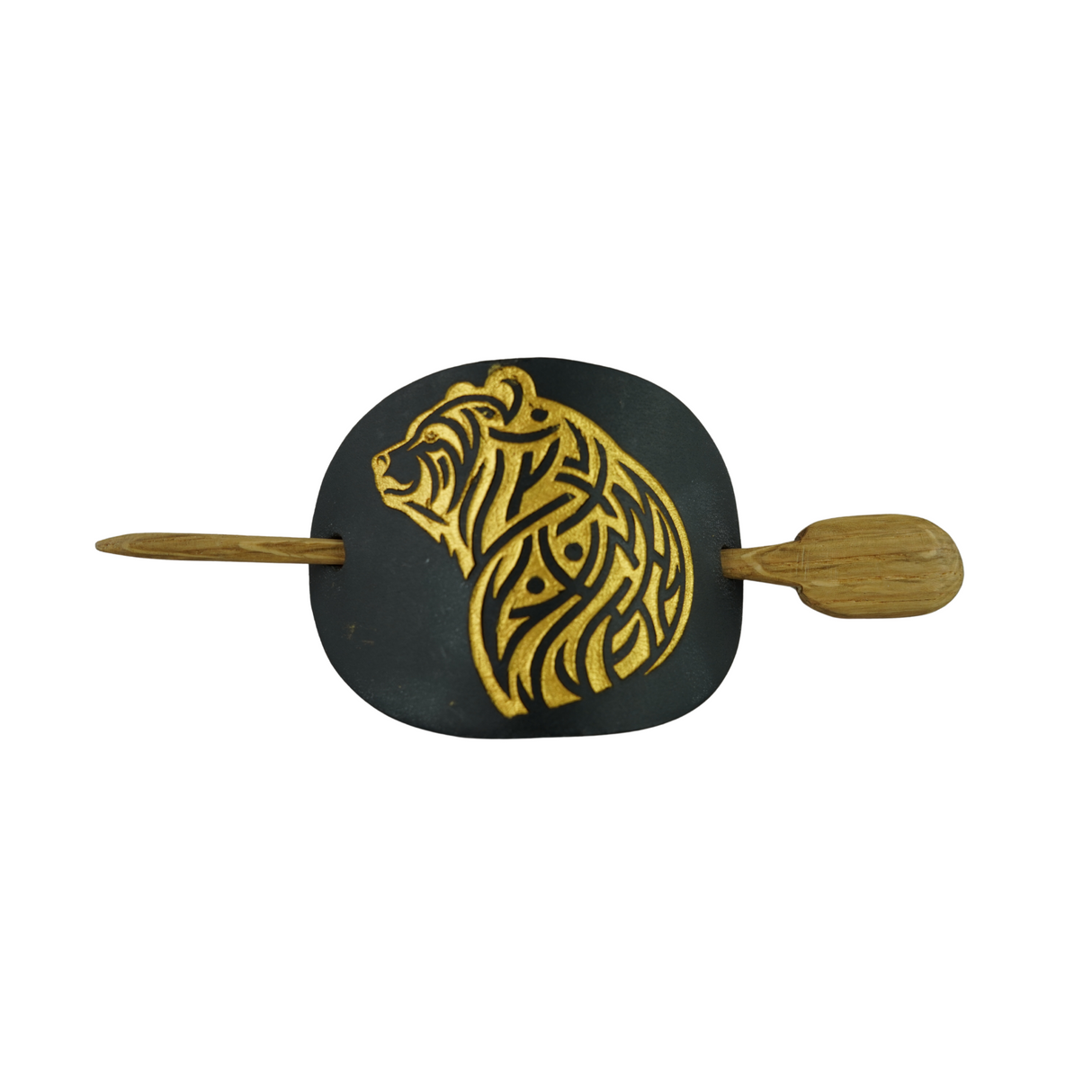 Handcrafted Leather Hair Barrette – Gold Bear on Black Leather with Oak Stick