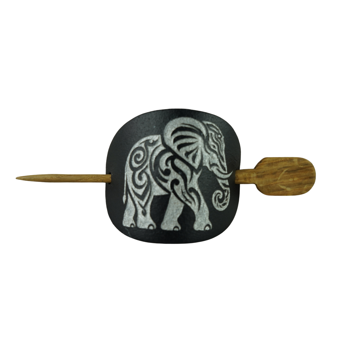 Handcrafted Leather Hair Barrette – Silver Elephant on Black Leather with Oak Stick
