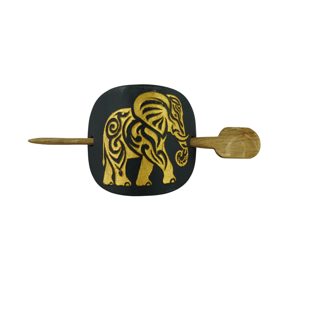 Handcrafted Leather Hair Barrette – Gold Elephant on Black Leather with Oak Stick