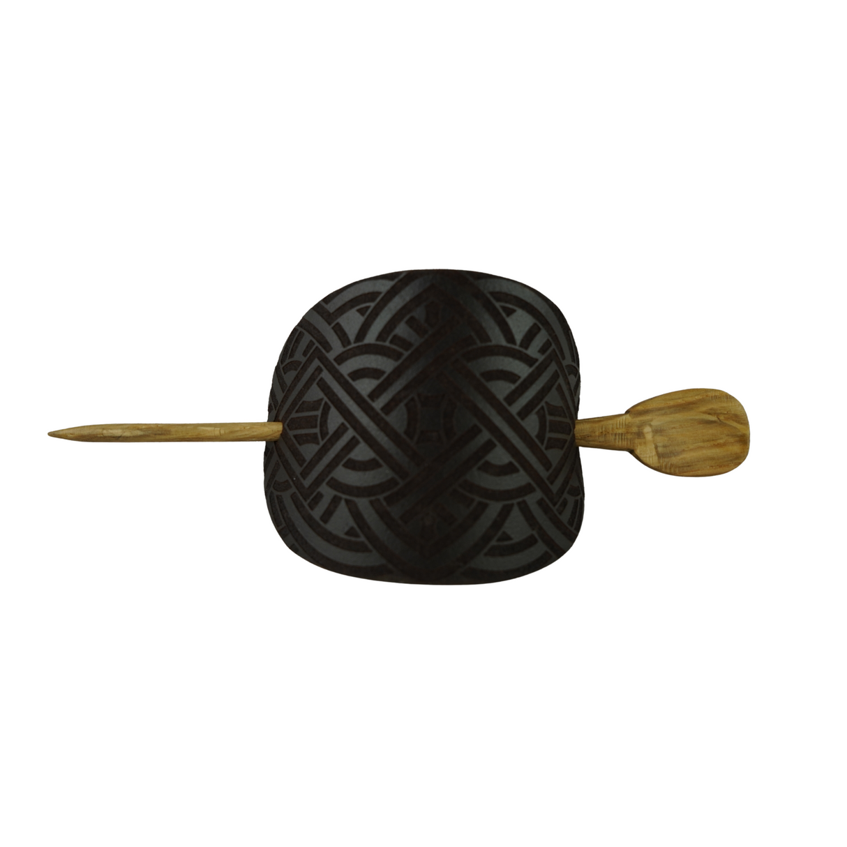 Handcrafted Leather Hair Barrette – Celtic Design on Black Leather with Oak Stick