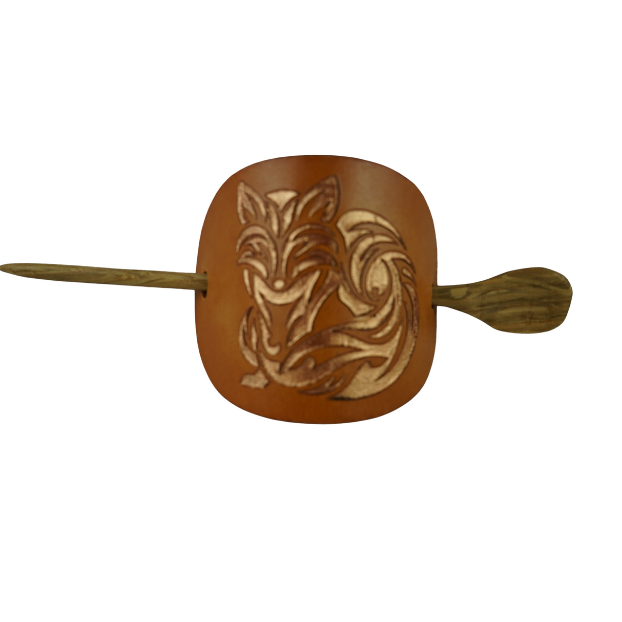 Handcrafted Leather Hair Barrette – Bronze Fox on Brown Leather with Oak Stick