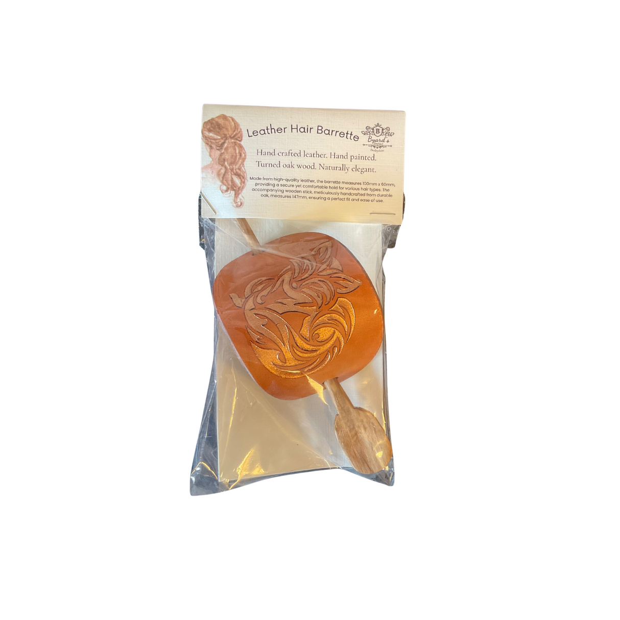 Handcrafted Leather Hair Barrette – Bronze Fox on Brown Leather with Oak Stick