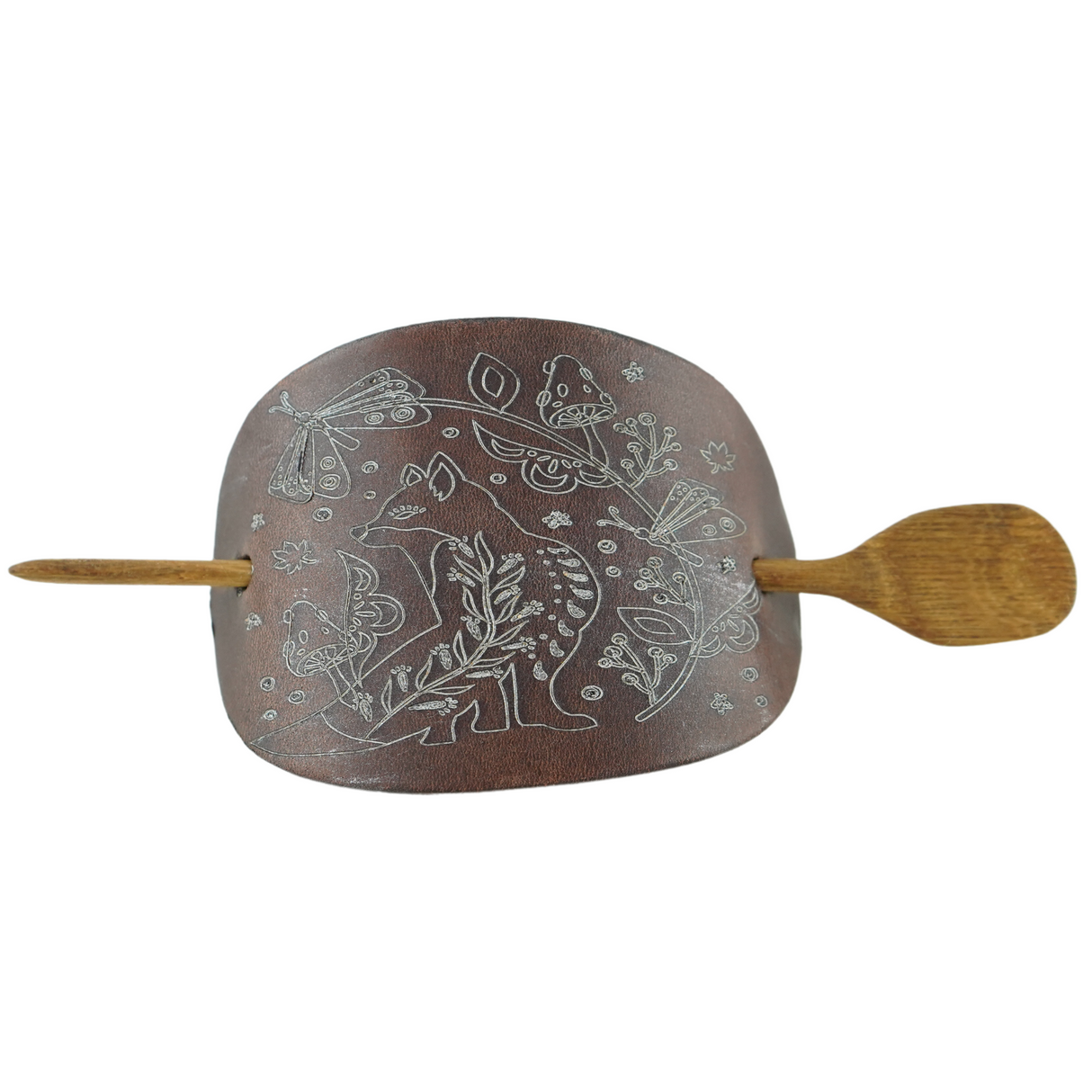 Handcrafted Leather Hair Barrette – Silver Fox in Nature on Dark Brown Leather with Oak Stick