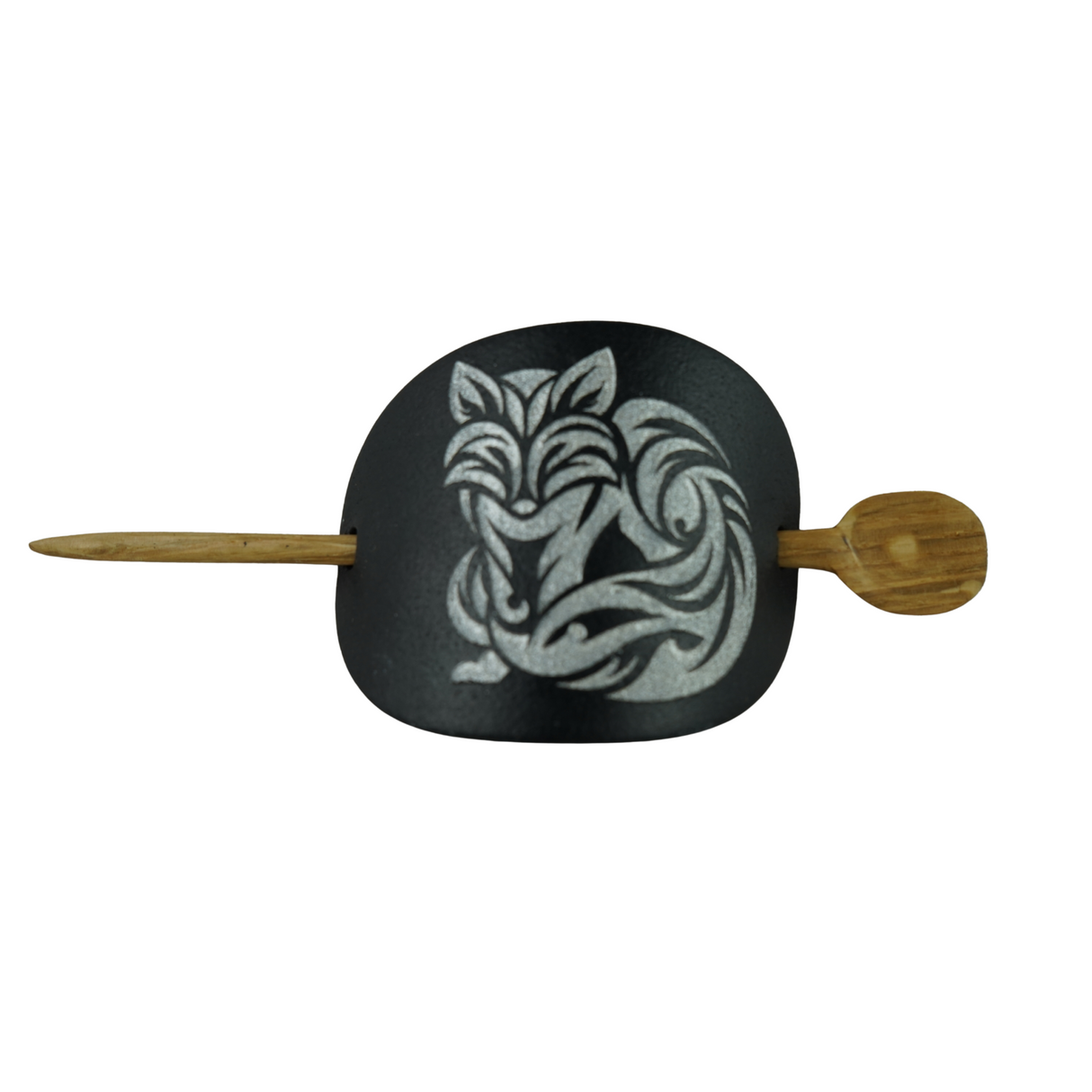 Handcrafted Leather Hair Barrette – Silver Fox on Black Leather with Oak Stick