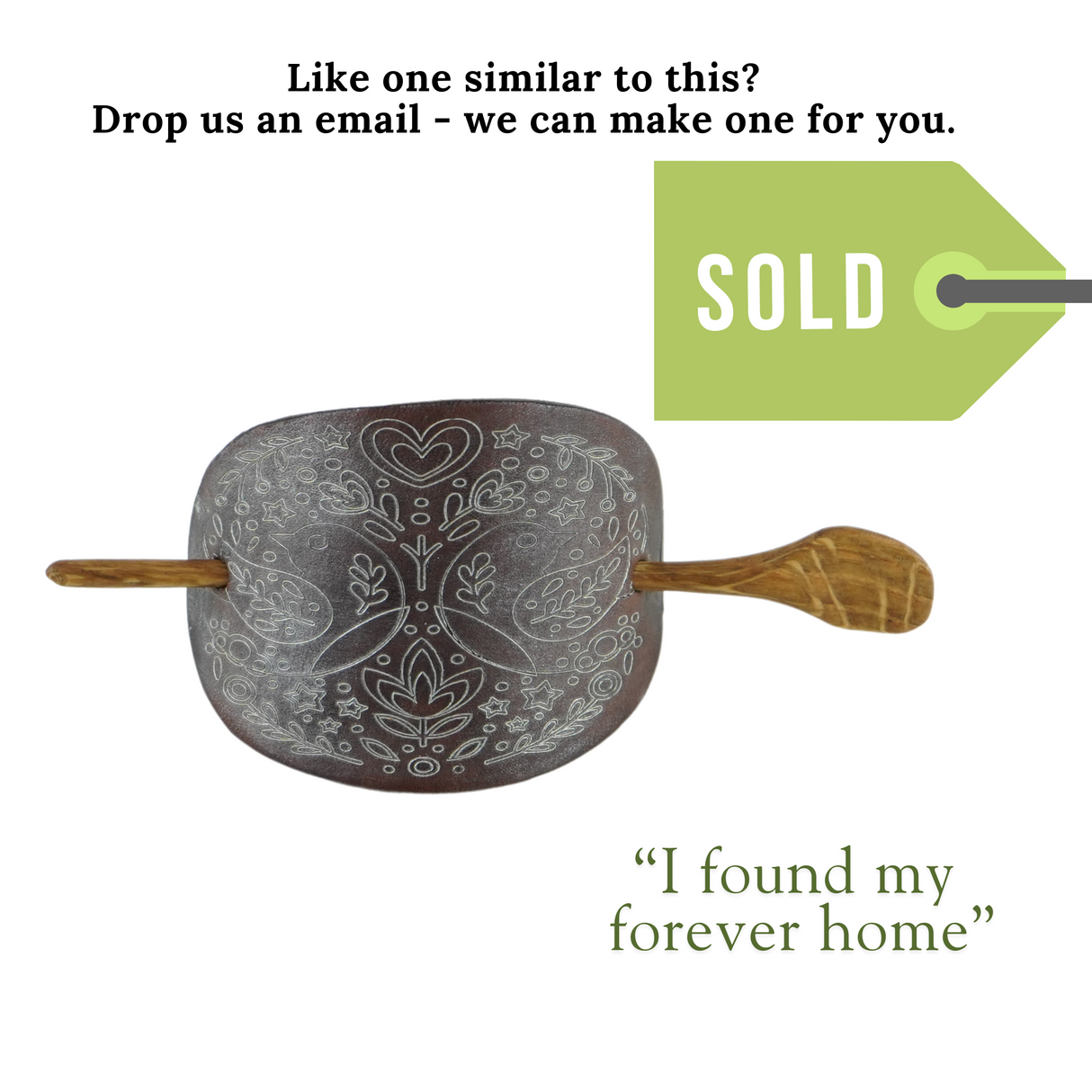 Handcrafted Leather Hair Barrette – Love Birds, Hand-Painted with Oak Stick