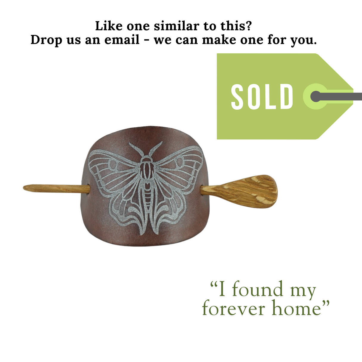 Handcrafted Leather Hair Barrette – Butterfly Engraved, Hand-Painted with Oak Stick