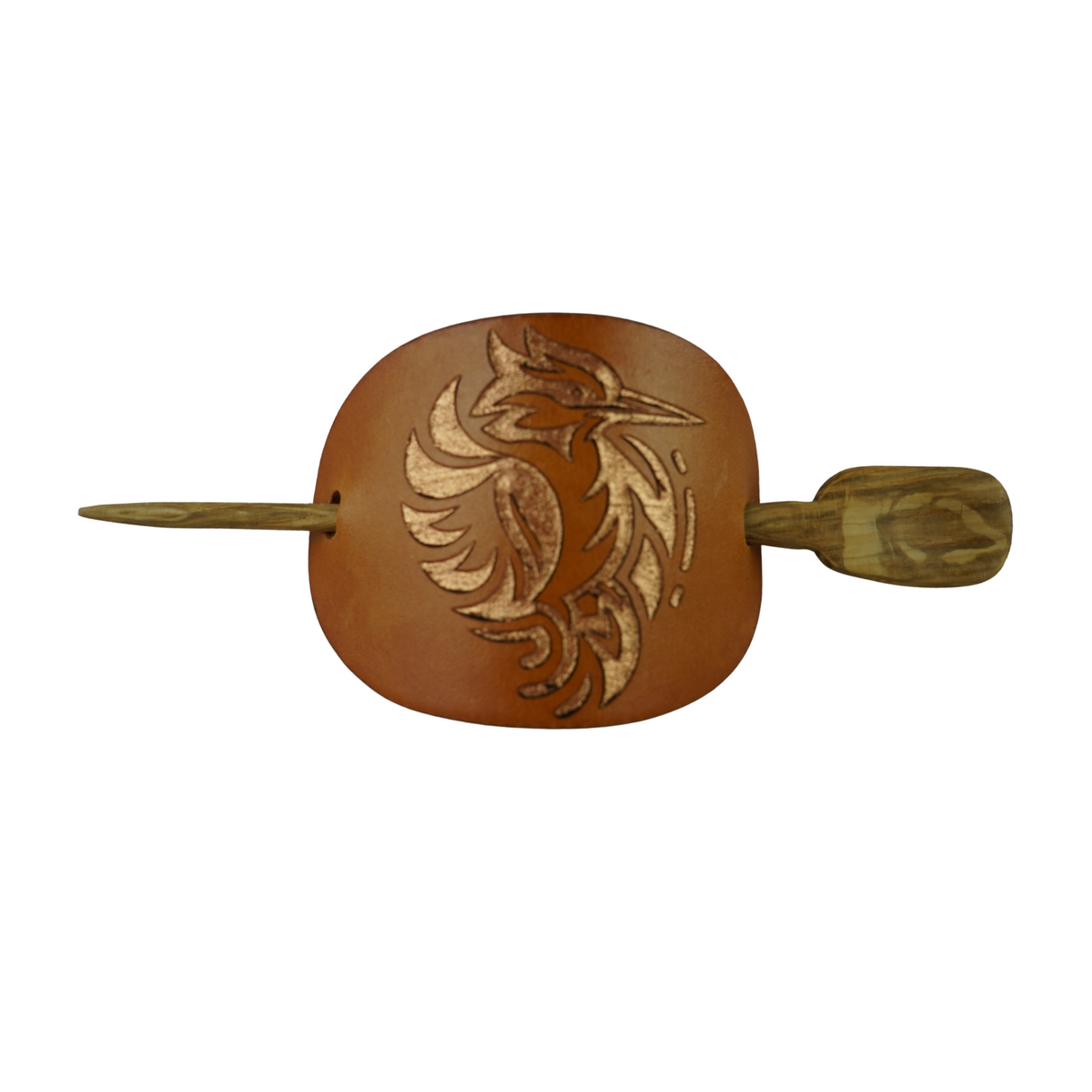 Handcrafted Leather Hair Barrette – Bronze Kingfisher on Tan Leather with Oak Stick