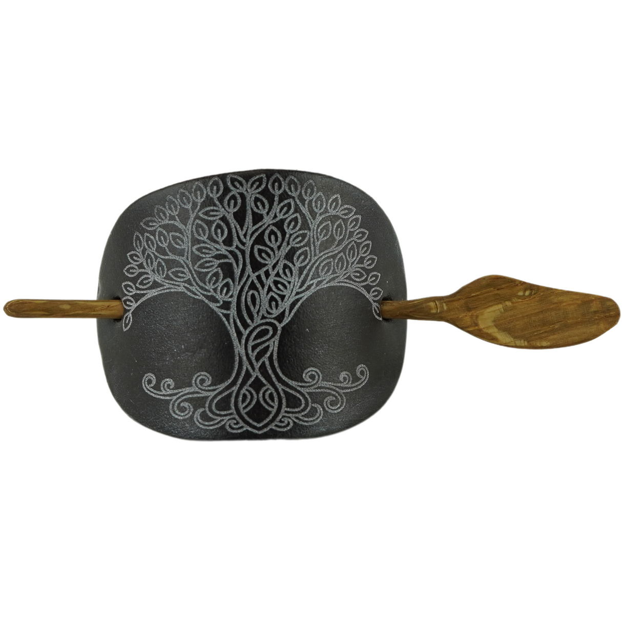 Handcrafted Leather Hair Barrette – Tree of Life, Hand-Painted with Oak Stick