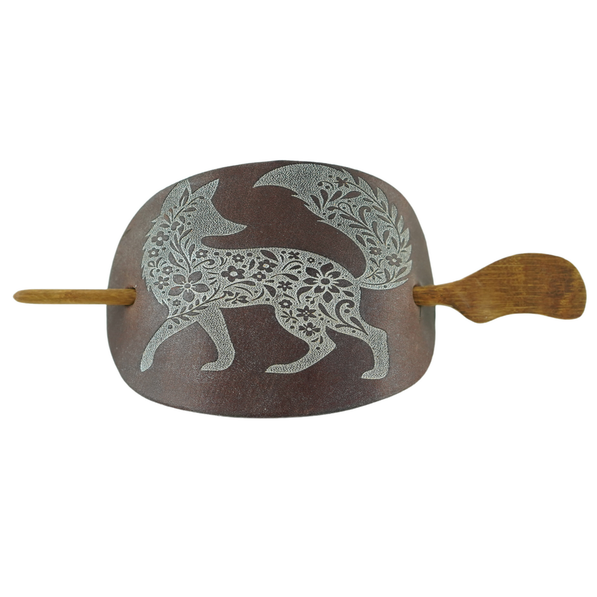 Handcrafted Leather Hair Barrette – Fox, Hand-Painted with Oak Stick