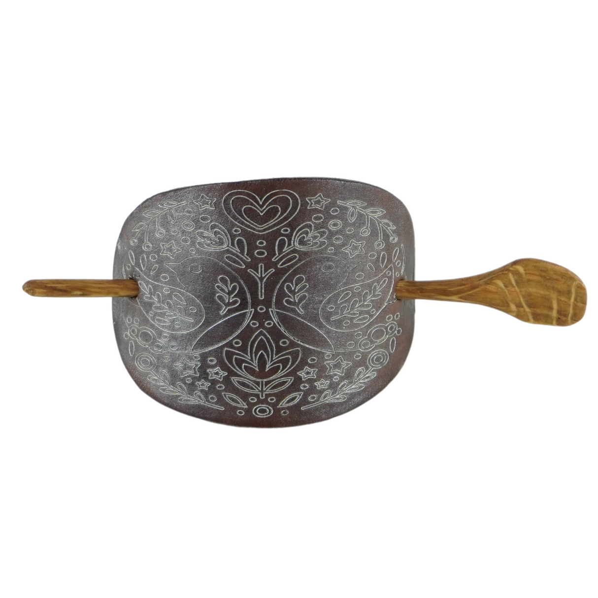 Handcrafted Leather Hair Barrette – Love Birds, Hand-Painted with Oak Stick