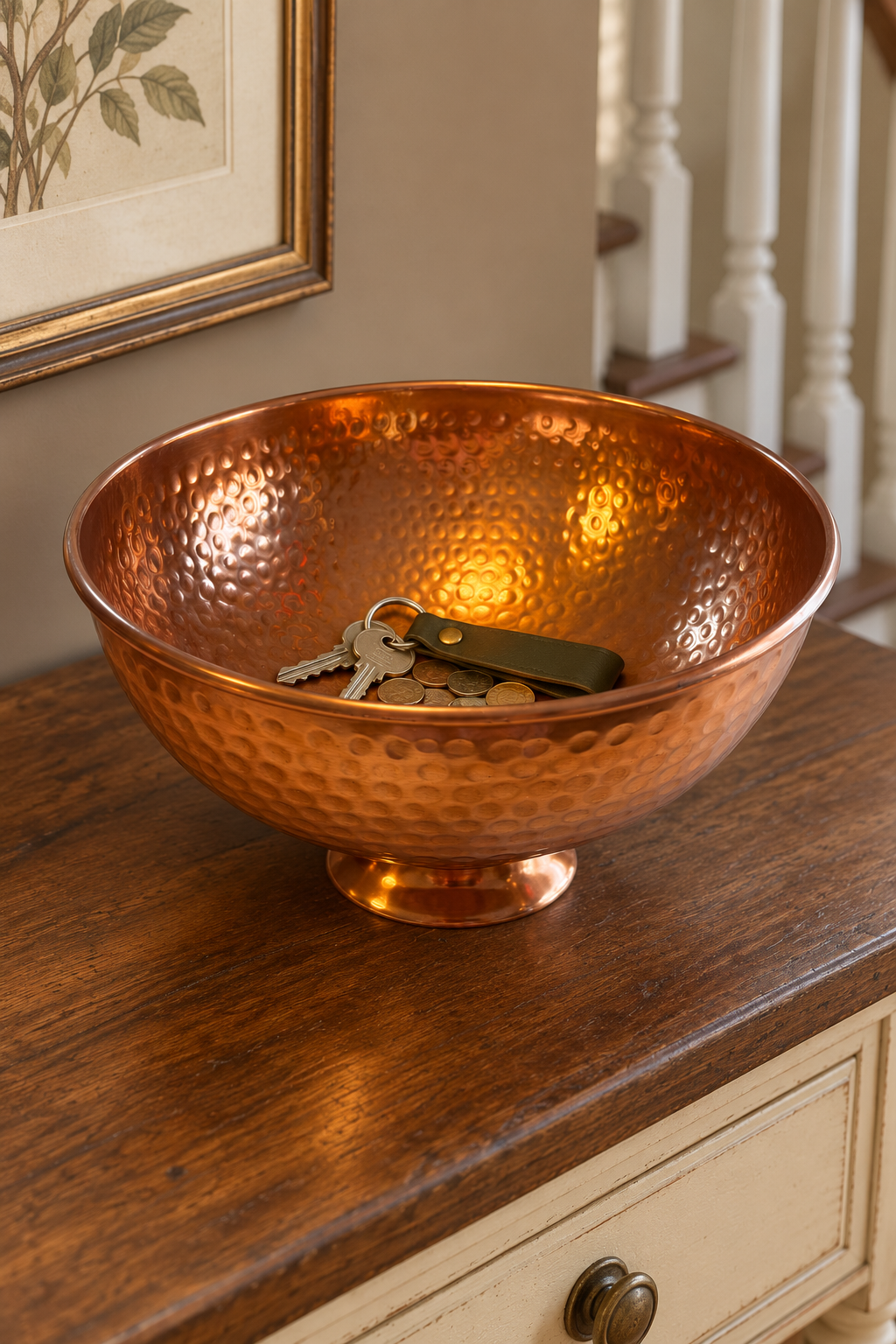 Copper finish hammered bowl holding keys and coins on a walnut-topped hallway console table.