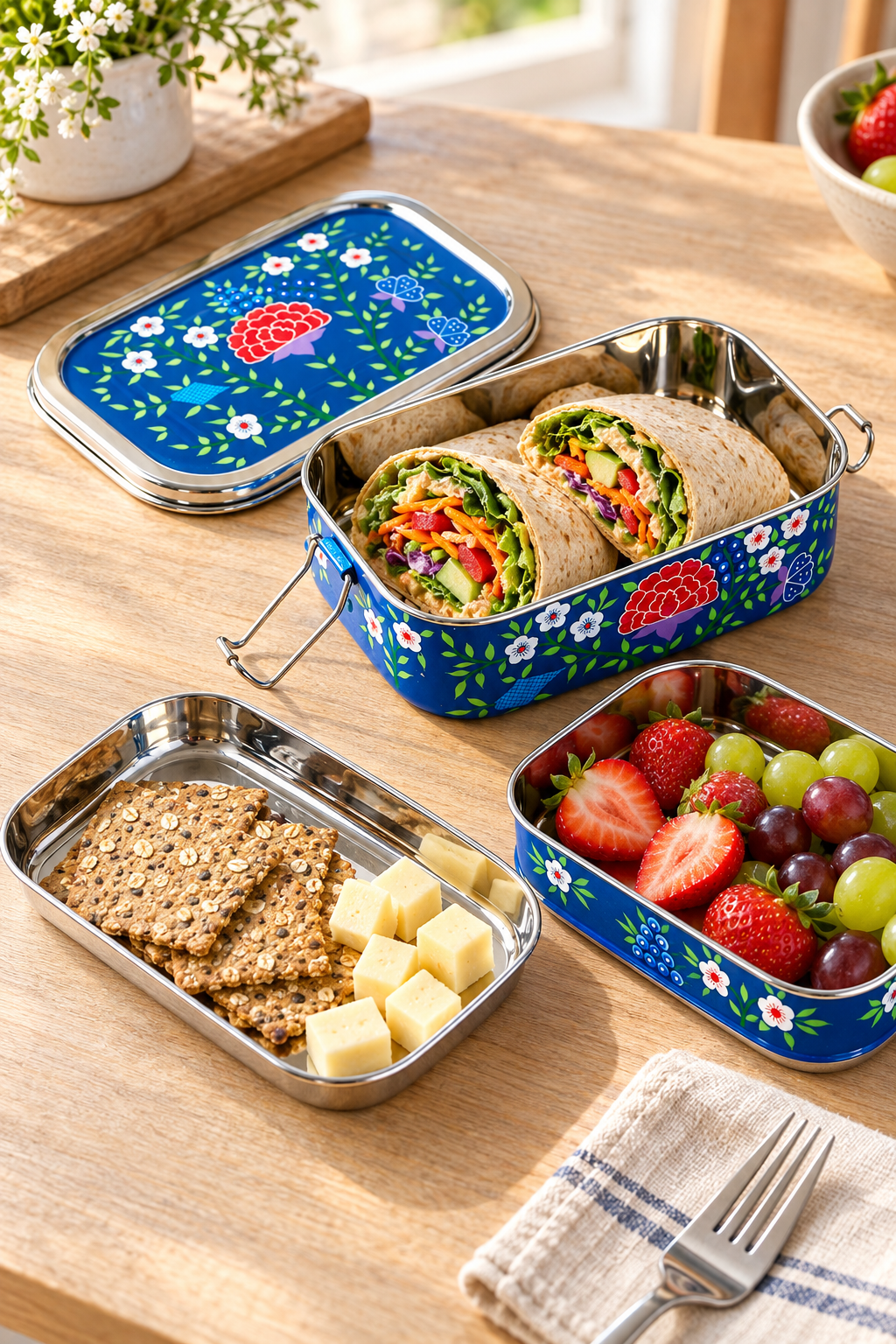 A set of decorative stainless steel lunch boxes arranged on a wooden table, shown open with a wrap, crackers, cheese cubes, and a fruit tray. The lunch boxes have a blue floral pattern with red flowers and white flowers, and are styled with a napkin and fork.