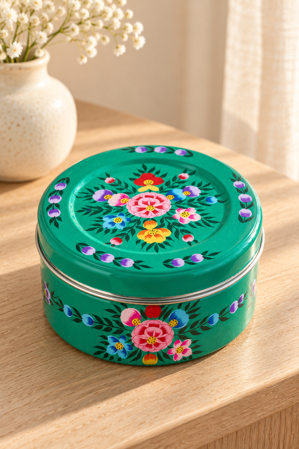 Gift set containing five hand-poured beeswax-blend candles in handmade terracotta pots and one reusable green stainless steel tin. The tin is hand-painted in Kashmir with multicoloured floral decoration. Candles are handmade in India and scented with lavender and a subtle hint of vanilla.