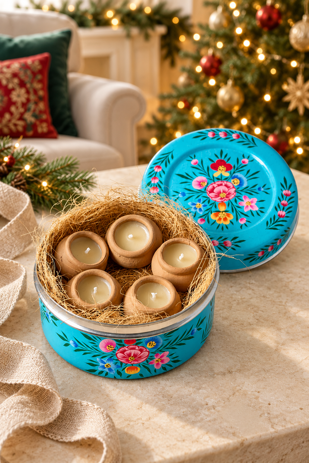 Candle Gift Set in a Hand-Painted Blue Tin – 5 Clay Pot Candles