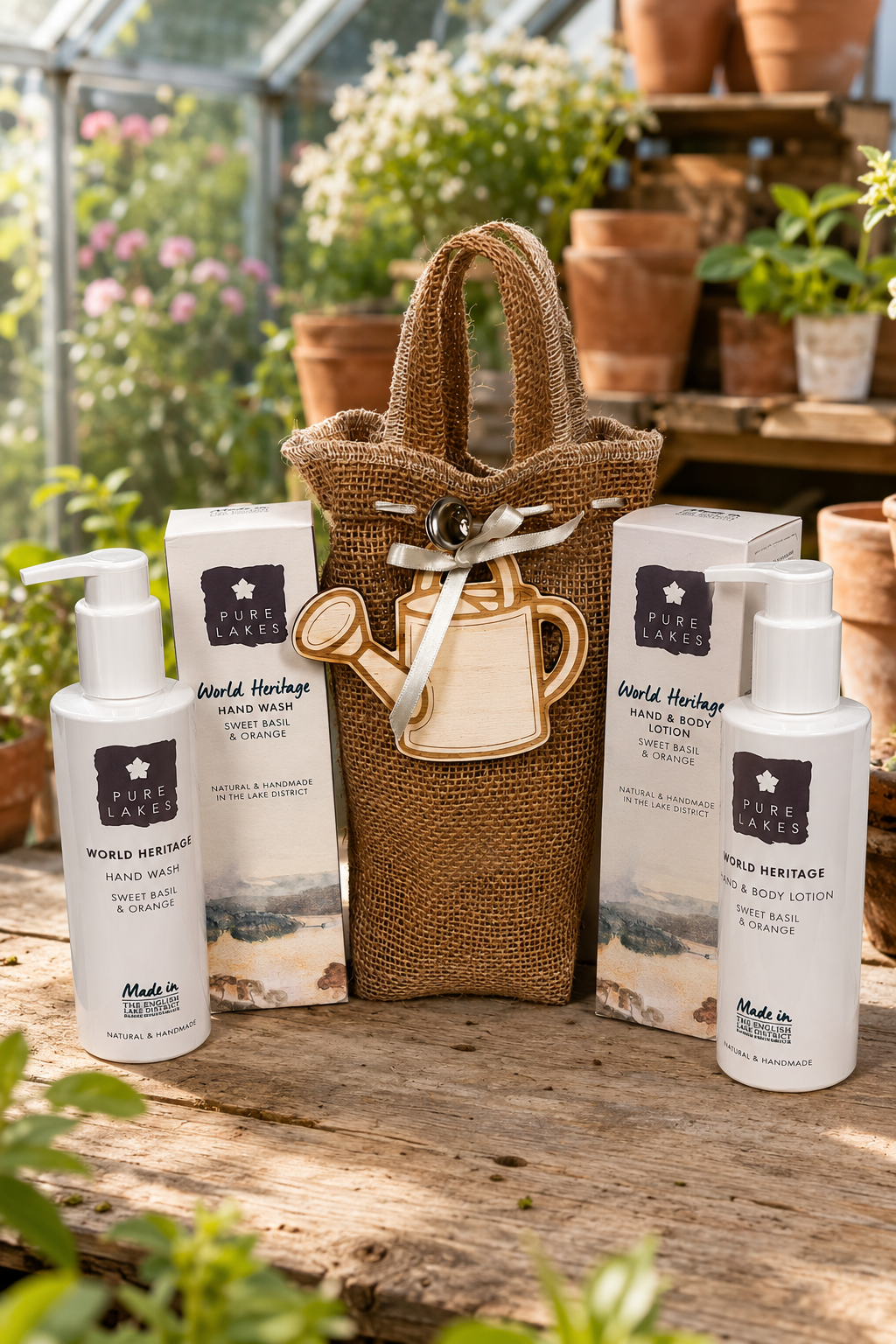 A gift set from World Heritage Hand & Body Care arranged on a rustic wooden table in a greenhouse setting. The set includes a burlap tote bag with a leather handle, a pump bottle of hand wash, two boxes of hand wash, a small watering can accessory, and a bottle of body lotion.