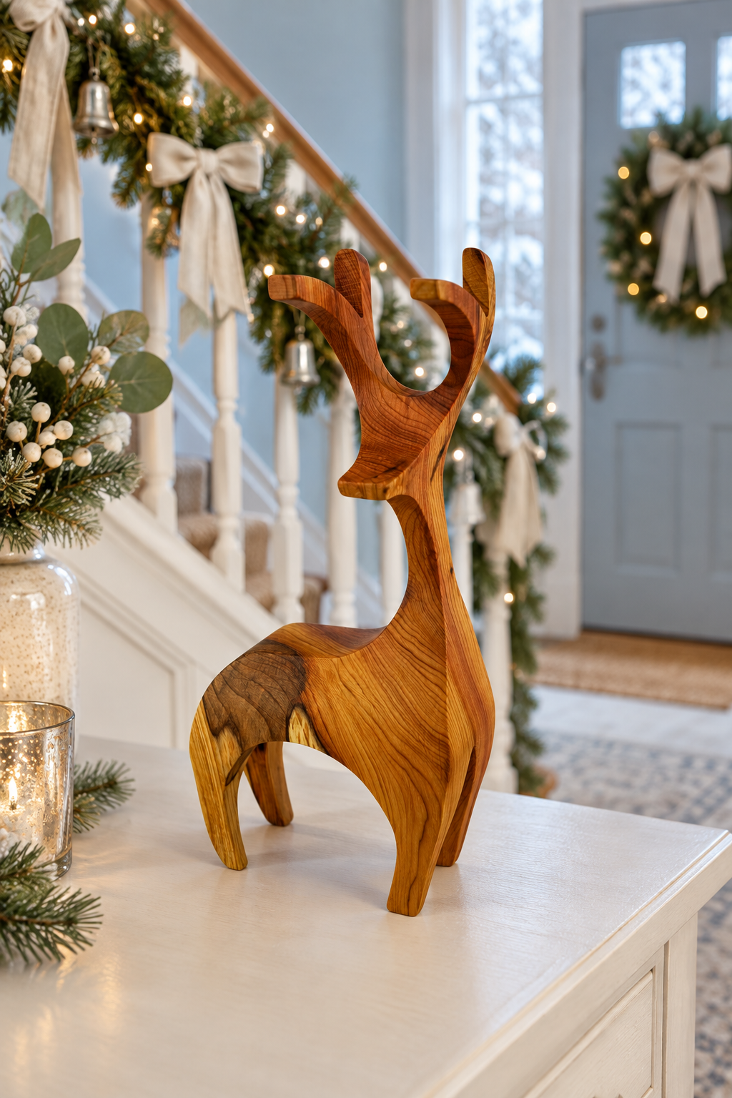 A handcrafted wooden reindeer figurine with a warm honey-brown finish and natural wood grain, displayed on a white console table in a decorated holiday home interior.