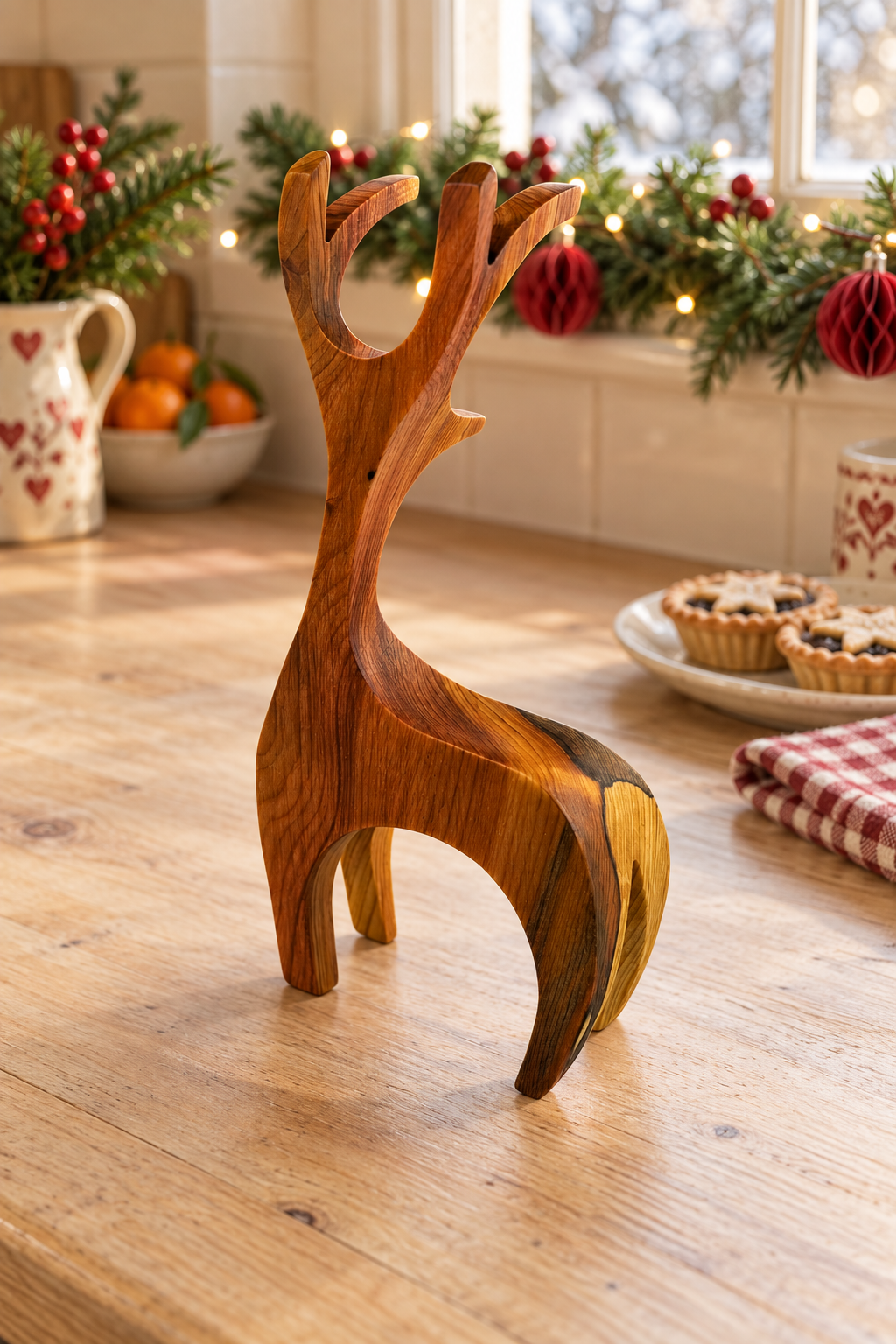 A handcrafted wooden reindeer figurine with a warm medium-brown finish and natural wood grain, displayed on a light wooden table in a cozy kitchen setting decorated for Christmas.