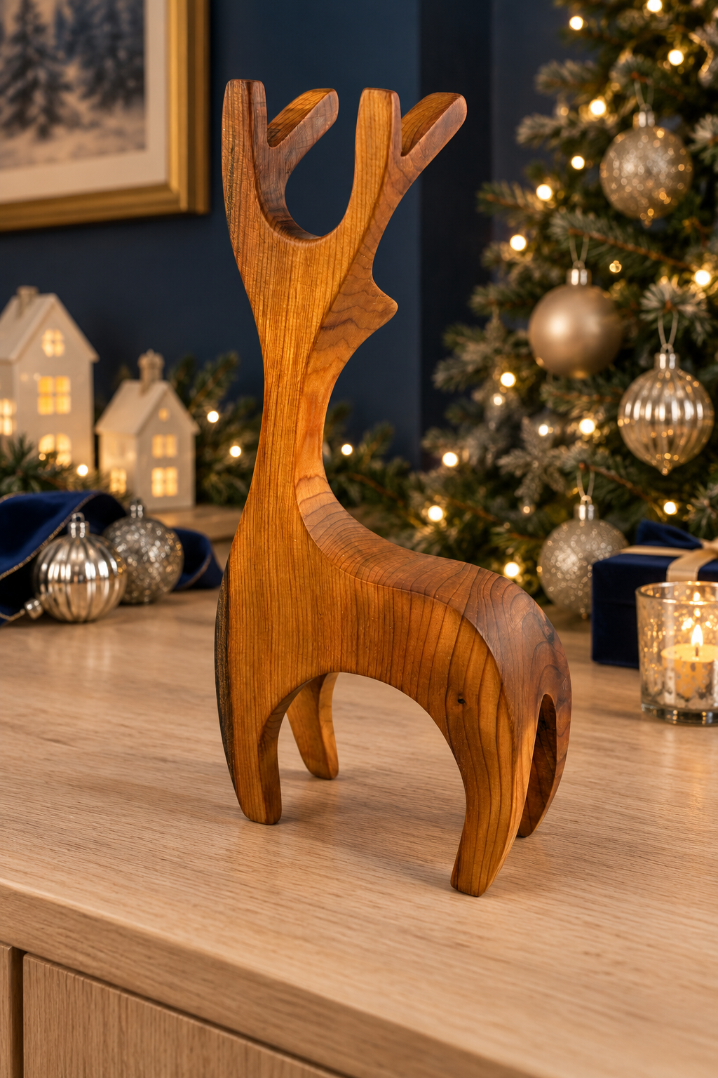 A carved wooden reindeer figurine with a warm medium-brown finish stands on a light wood table in a cozy holiday setting, with a decorated Christmas tree, ornaments, and warm lights blurred in the background.