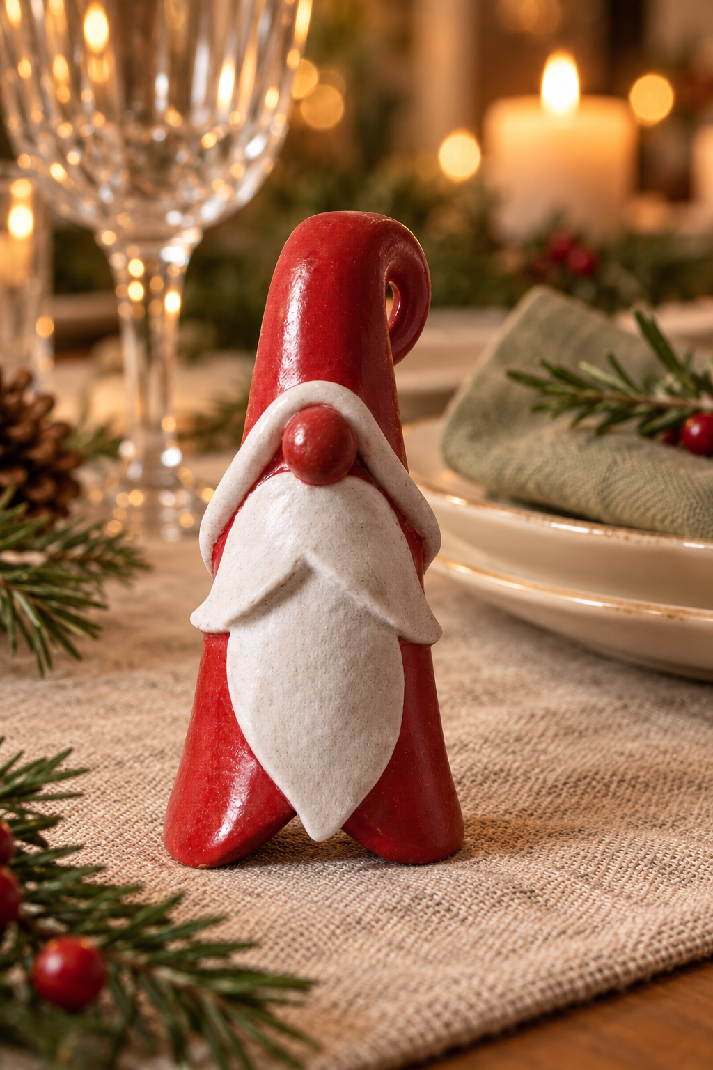 A small red and white gnome Santa on a table runner in a warmly lit holiday table setting with candles, pine branches, and plates in the background.