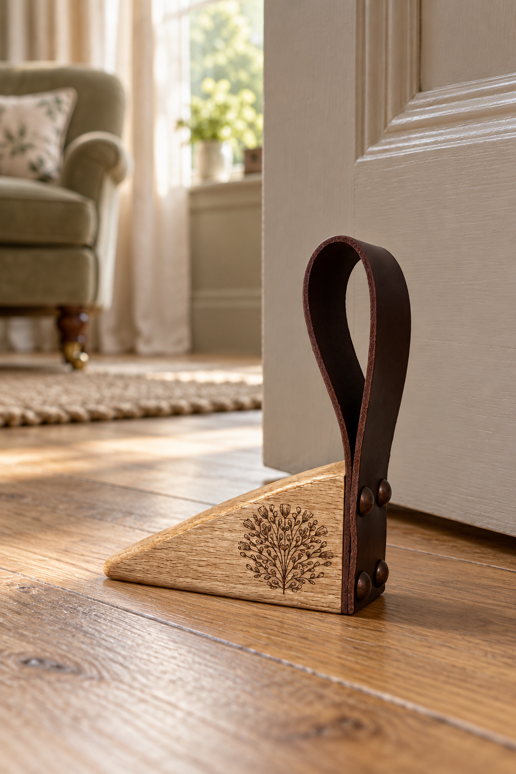 A wooden and leather door stopper resting on a hardwood floor in front of a white door, with a softly blurred living room in the background.