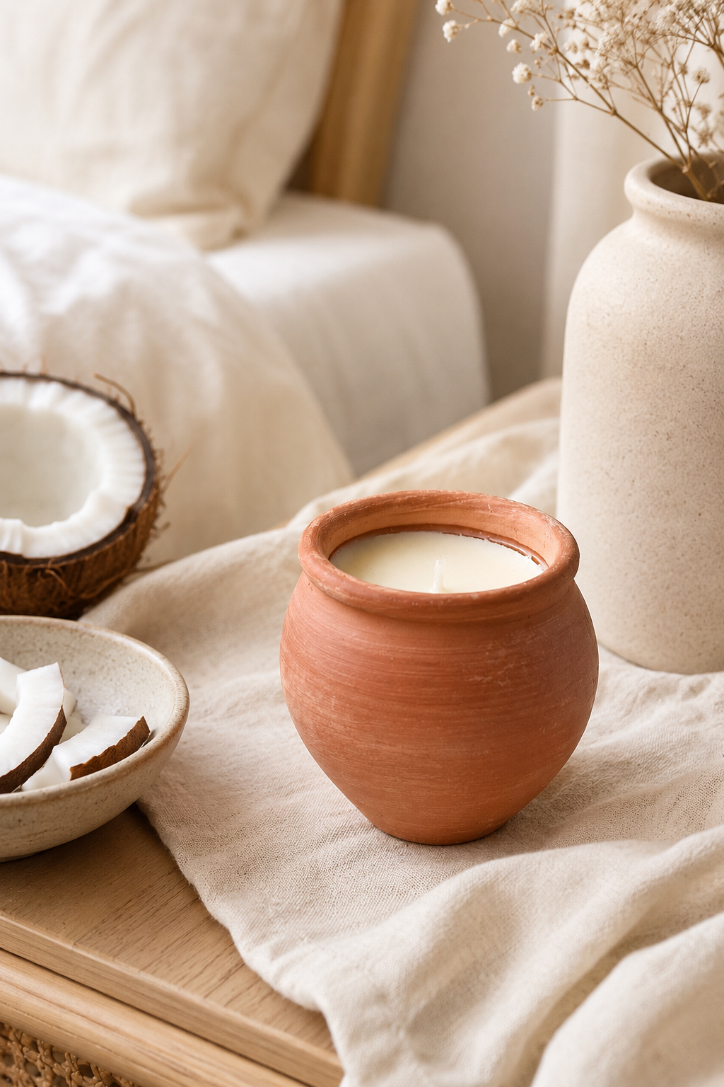 Terracotta pot with coconut beeswax candle on a wooden surface with coconuts and a vase in the background.