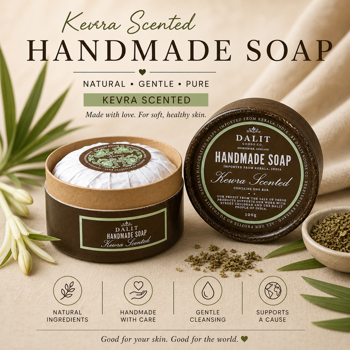 Handmade soap with Kevra scent, displayed with green leaves and a bowl of herbs on a neutral background.