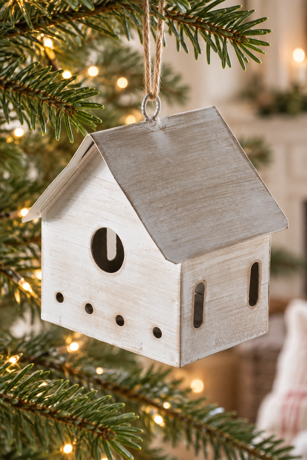 A small house-shaped birdhouse ornament hanging from a Christmas tree branch with warm string lights in the background.