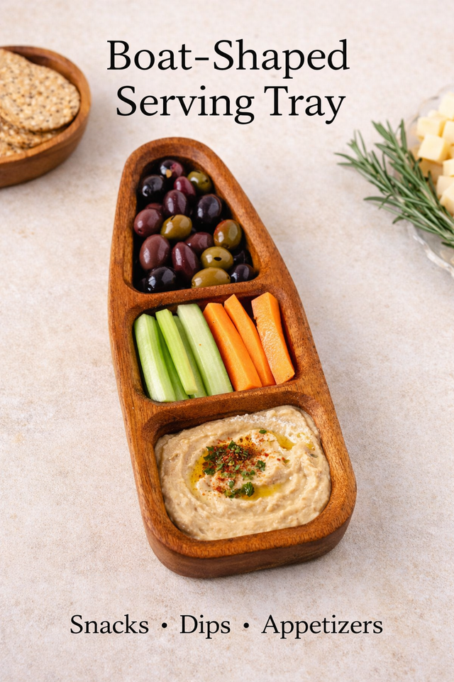 Wooden boat-shaped serving tray with snacks and dips on a light surface
