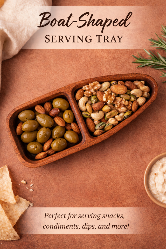 Wooden boat-shaped serving tray with snacks on a brown background