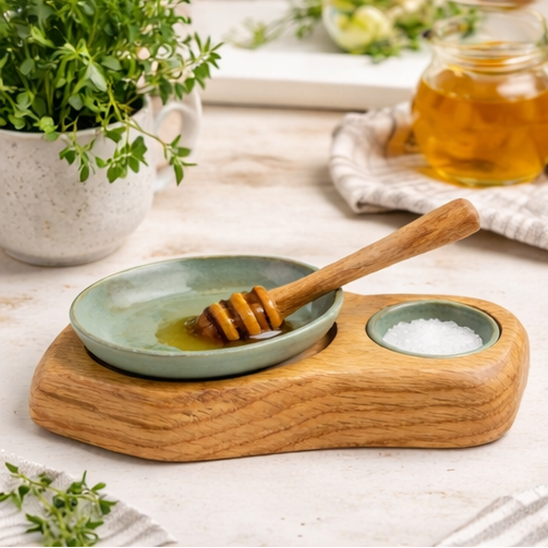 a wooden tray with ceramic bowls and wooden spoons on a kitchen counter.