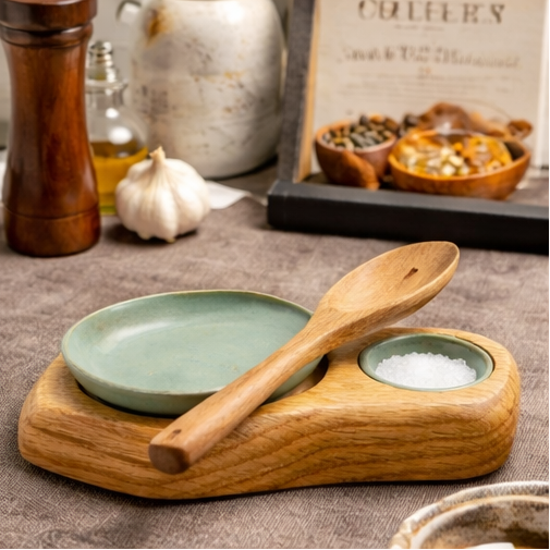 a wooden tray with ceramic bowls and wooden spoons on a kitchen counter.