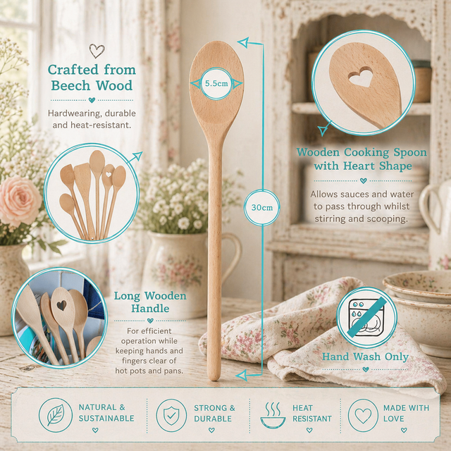 Wooden Heart Cooking Spoon – Beech Wood Kitchen Spoon (30cm)