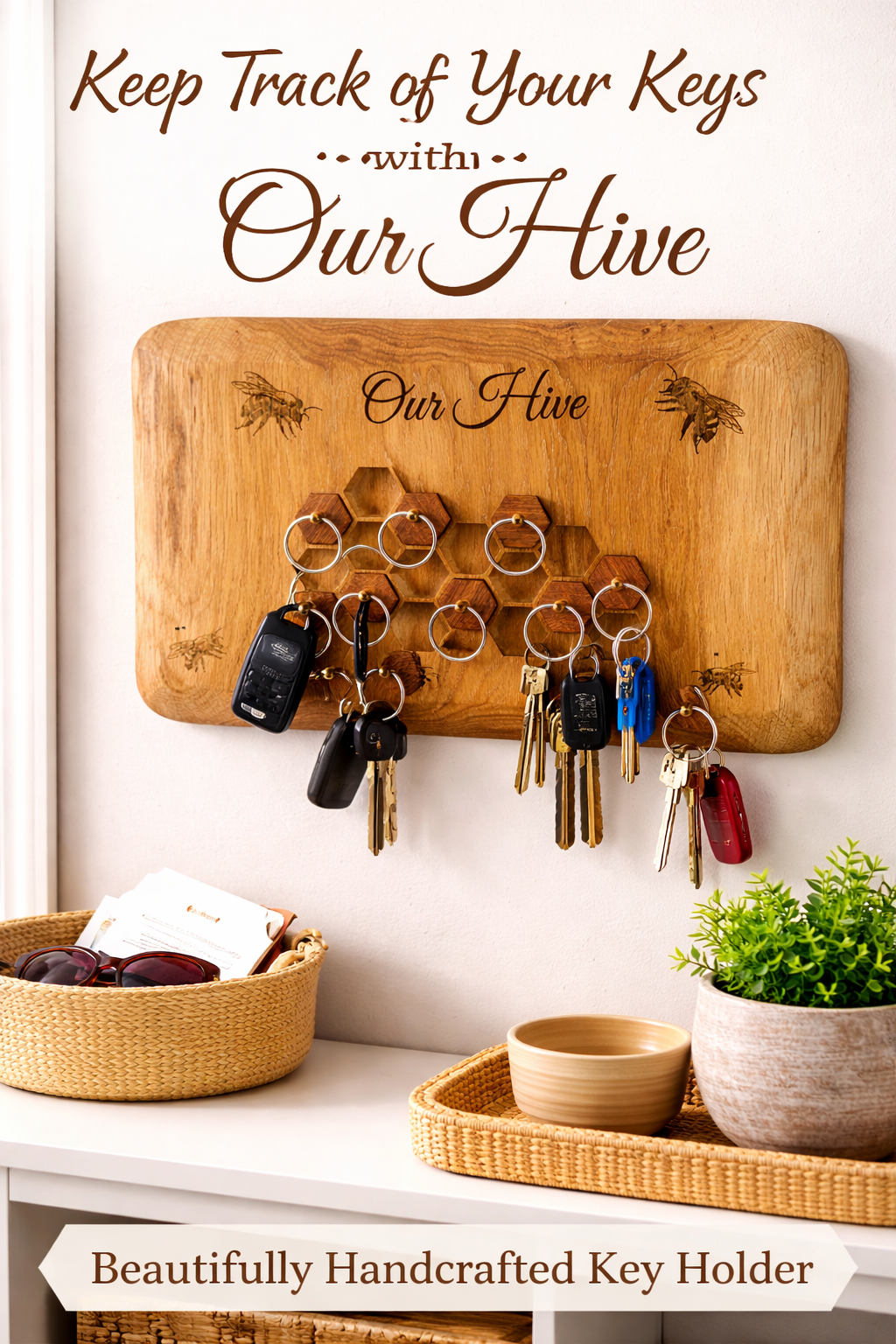 Wooden key holder with keys on a white wall, accompanied by decorative items.
