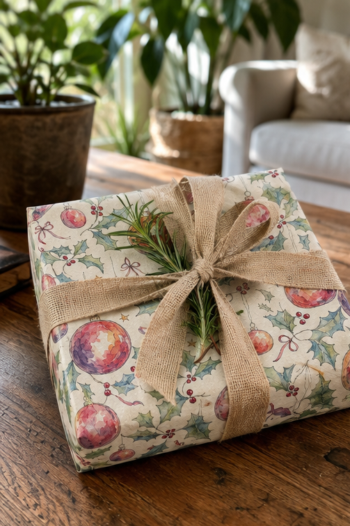 A wrapped gift box on a rustic wooden table, covered in cream wrapping paper with a holly and bauble pattern, tied with a natural burlap ribbon and a sprig of greenery.