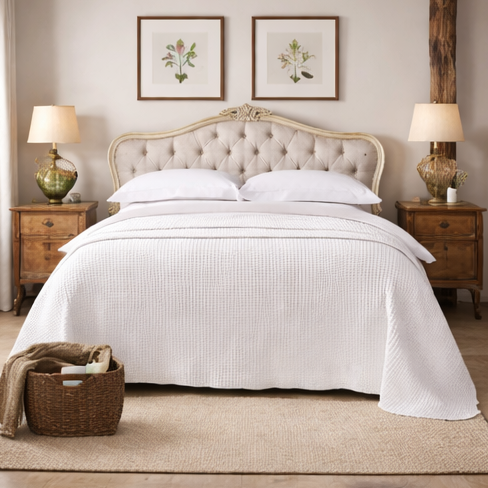 bedroom with a bed, nightstands, and decor.