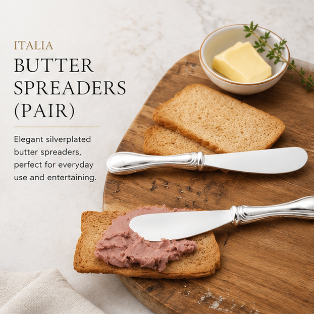 Butter spreaders with usage examples and product details on a white background