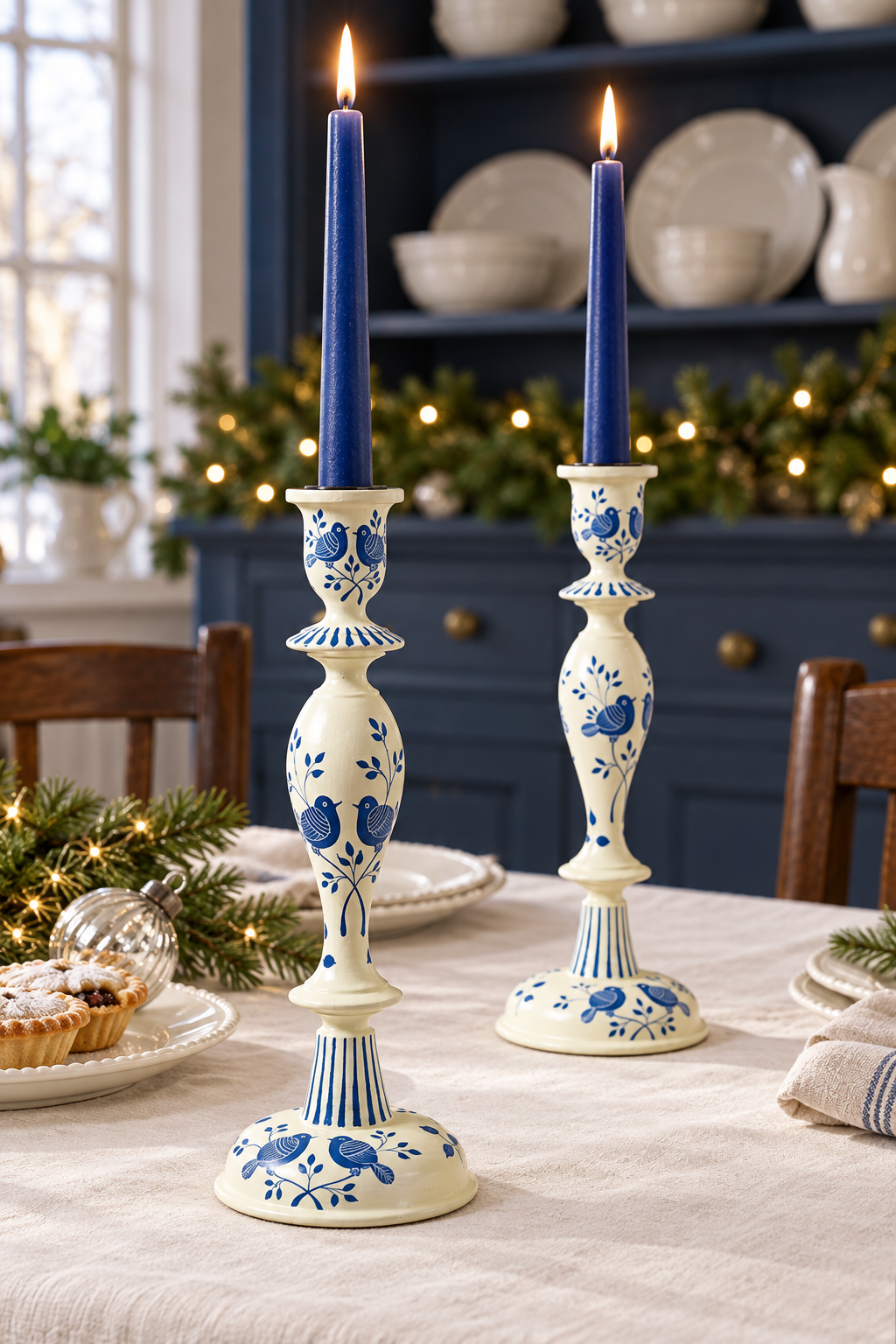 Two tall wood candlestick holders with blue floral and bird motifs on an off-white background, each holding a blue taper candle, set on a dining table in a decorated holiday kitchen.