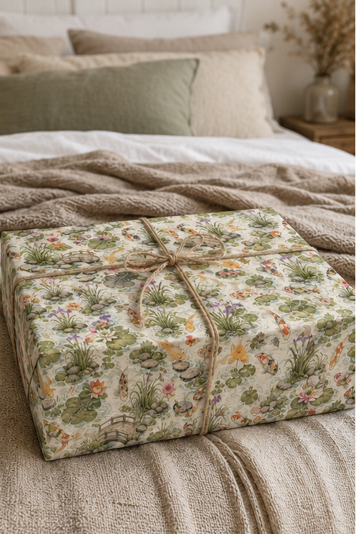A square gift box wrapped in a Koi Pond -themed wrapping paper with a rustic twine bow, placed on a cozy bed with neutral-toned bedding and pillows.