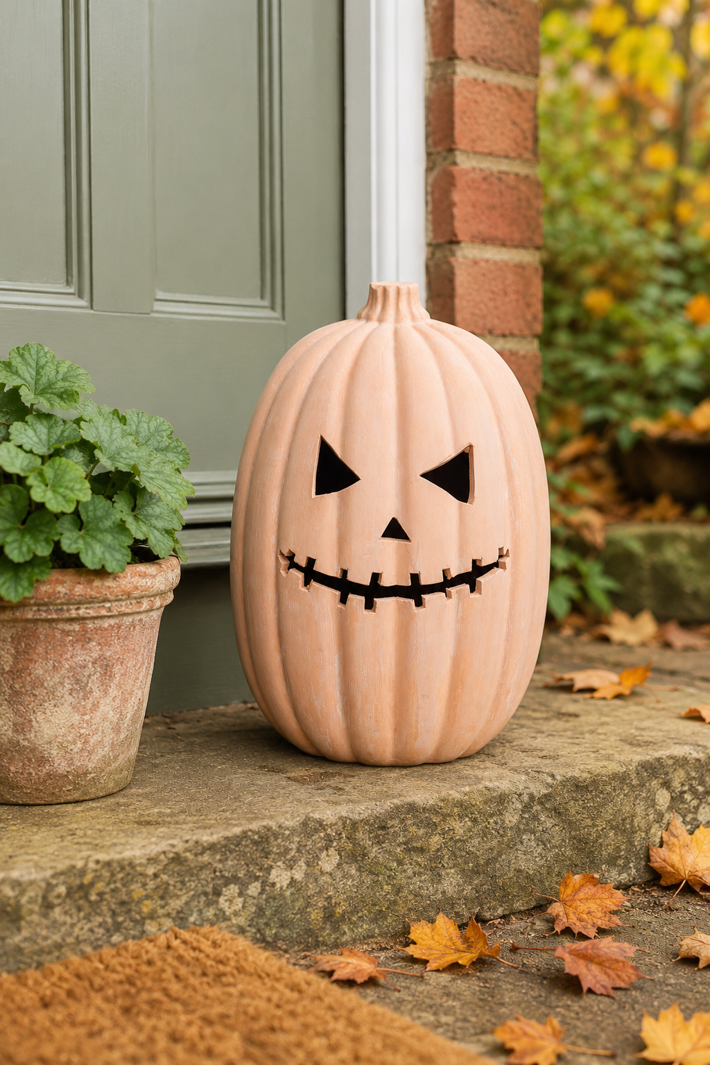 A terracotta decorative jack-o'-lantern pumpkin with a stitched smiley face sits on a stone doorstep outdoors, next to a potted green plant and a brick wall.