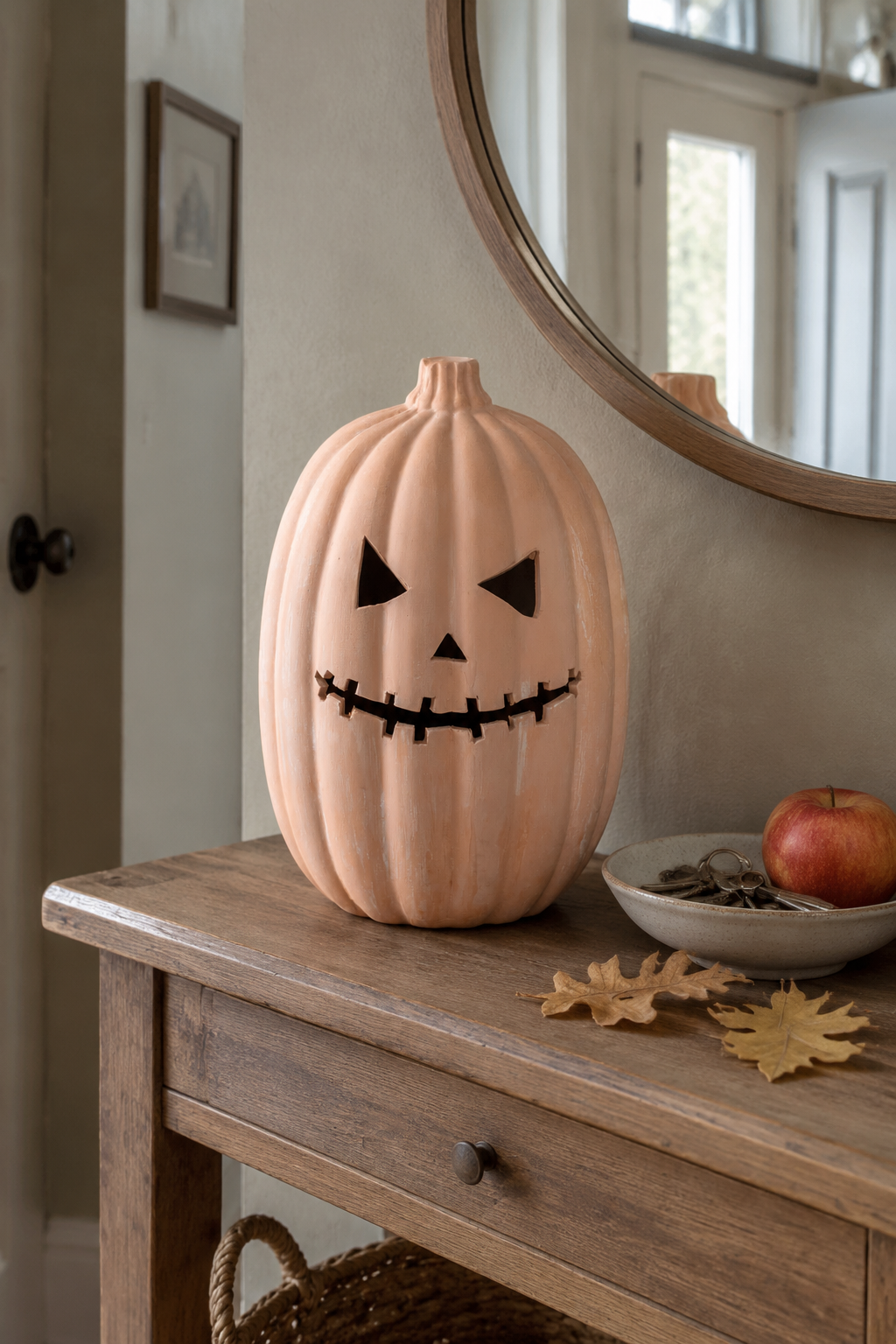 A terracotta pumpkin-shaped decorative vase with a black stitched jack-o'-lantern face sits on a rustic wooden console table in a home entryway. A round mirror, a small bowl with an apple, and autumn leaves are nearby.