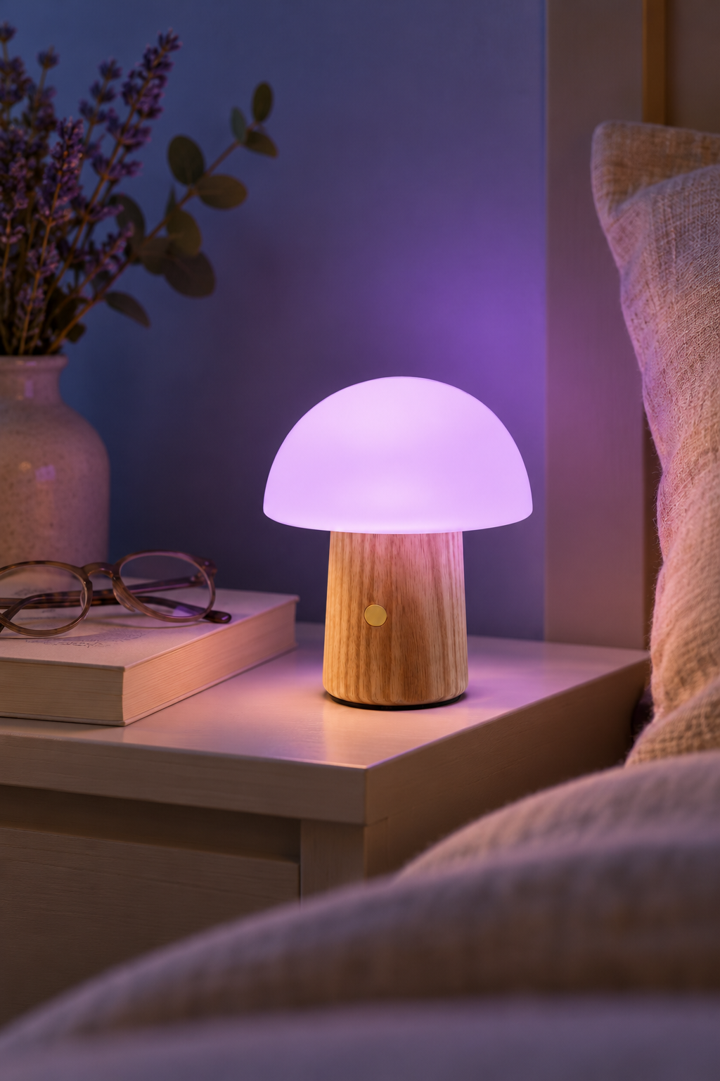 Mini Alice Mushroom Lamp in White Ash displaying coloured light