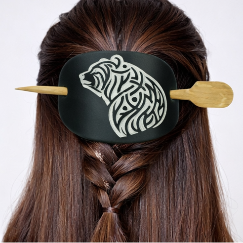 Hair tie with decorative design on a person's hair in various styles.
