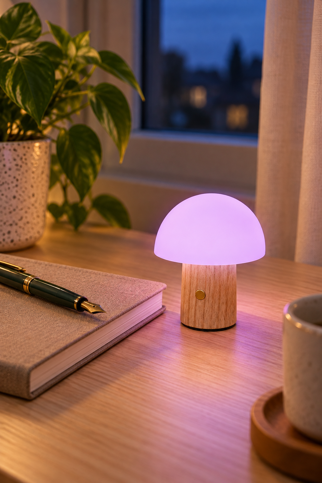 Super Mini Alice Mushroom Lamp in White Ash with lilac illumination beside a notebook and fountain pen