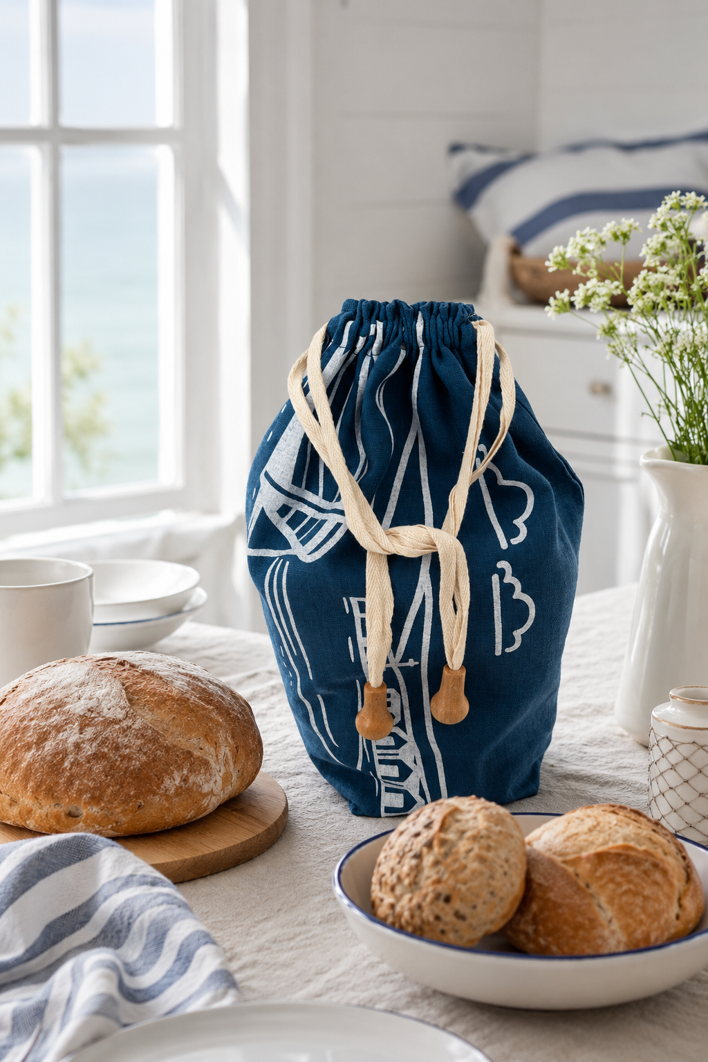 Linen Bread Bag – Fjære Design Navy Blue Bread Storage Bag