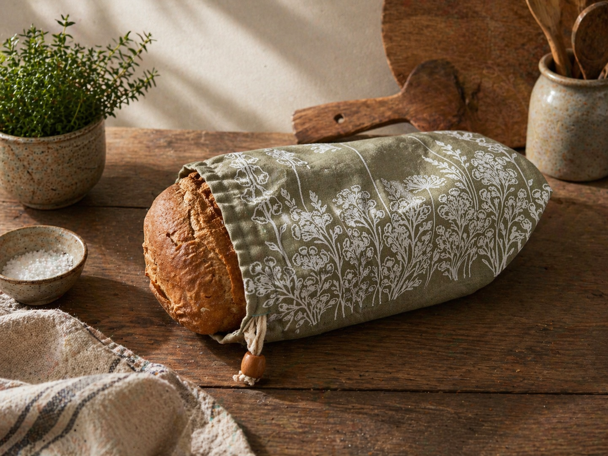 Loaf of bread wrapped in a sage green floral patterned bread bag on a wooden table with kitchen utensils and plants.