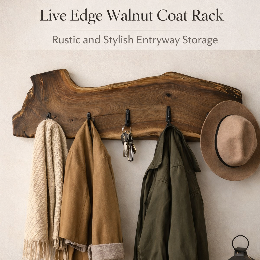 Wooden coat rack with hooks holding coats and a hat, against a neutral wall.