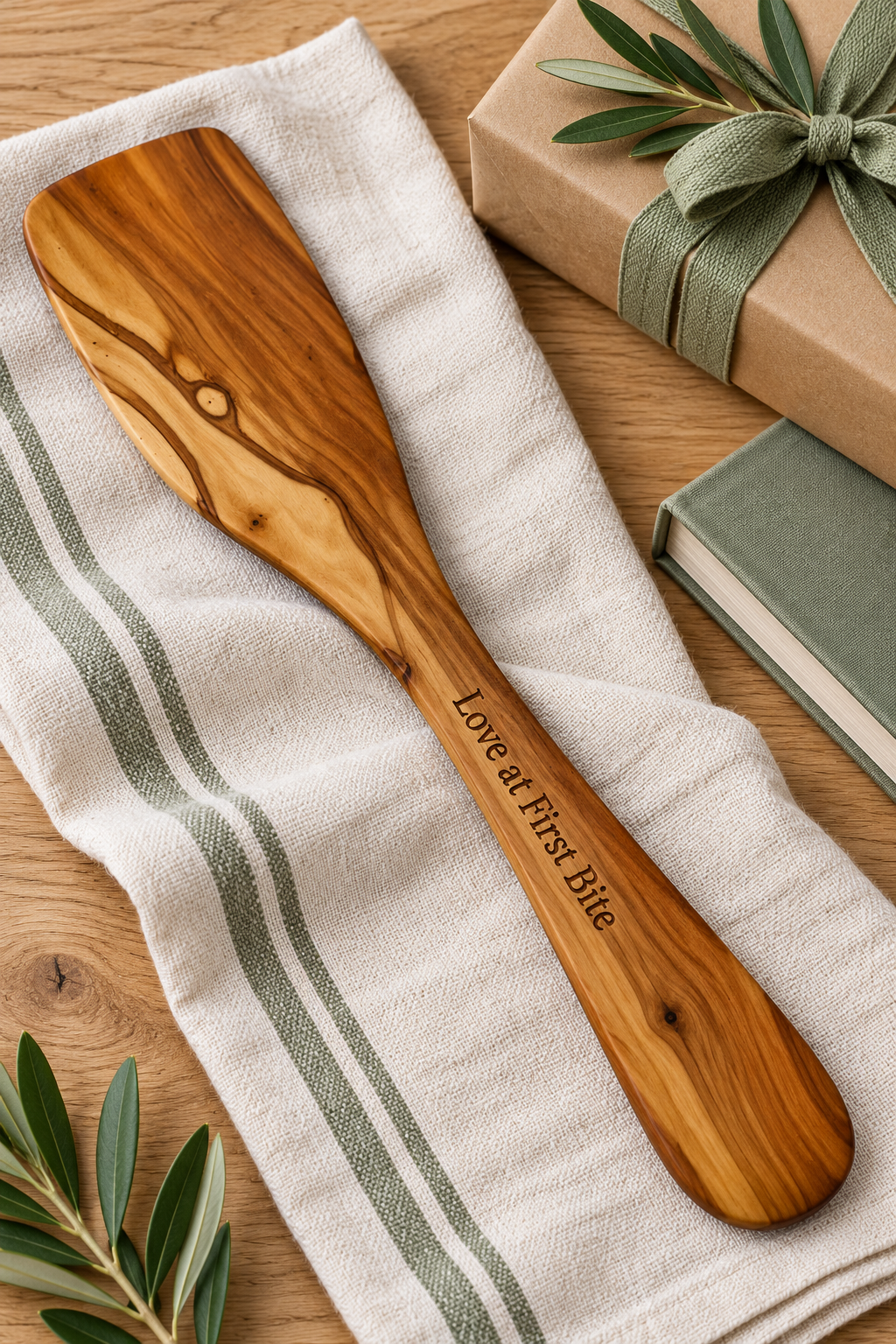 Solid olive wood spatula engraved “Love at First Bite”, beside a sage-ribboned gift and recipe book.